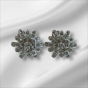 Sarah Coventry Rhinestone Earrings Clip-On Clear Silver Tone Bridal Flower